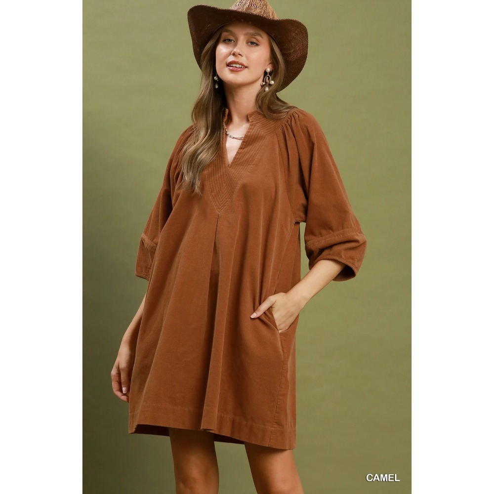 Umgee Corduroy V-Neck Puff Sleeve Shift Dress with Pockets - Camel - Large